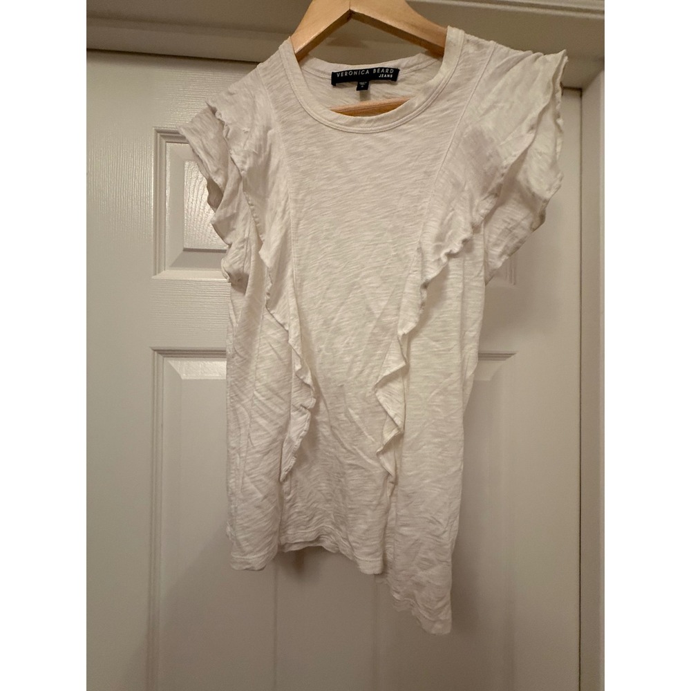 Veronica Beard Jeans T-Shirt Womens Small White Ruffle Pima Cotton Slub Tee